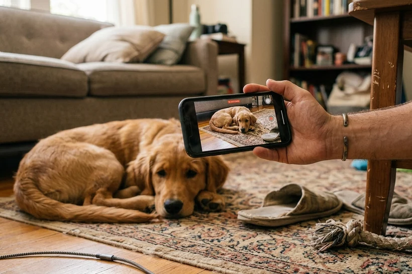 Una mano grabando con el móvil a un perro tumbado en el salón